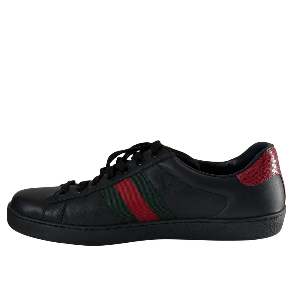 Gucci Ace Black Leather Web Stripe Sneakers Red Snakeskin Heel 386750 w/ Box